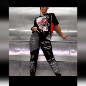 Black/grey block skinny jeans with pressed on design